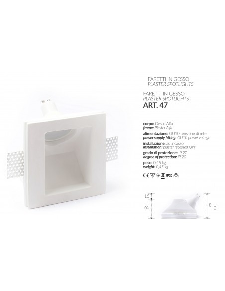 PORT-led-einbauleuchte IN GIPS QUADRAT cm.13X13-einbau-komplett-o-ring 