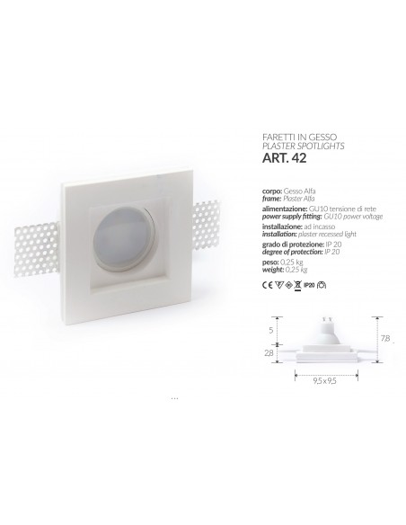 PORT-led-einbauleuchte IN GIPS QUADRAT cm.9,5X9,5-einbau-komplett-o-ring 
