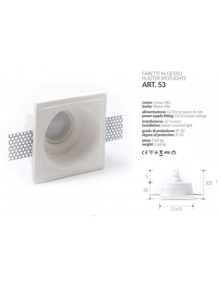 PORT-led-einbauleuchte IN GIPS mit RAHMEN cm.11x11-einbau-komplett-o-ring 
