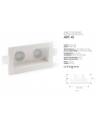 LED-EINBAULEUCHTE IN GIPS QUADRAT, UNTEN, ART.1 MIS. cm.12X12x2.5