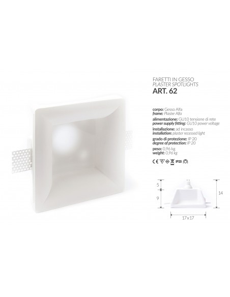 LED-EINBAULEUCHTE IN GIPS QUADRAT, UNTEN, ART.1 MIS. cm.12X12x2.5